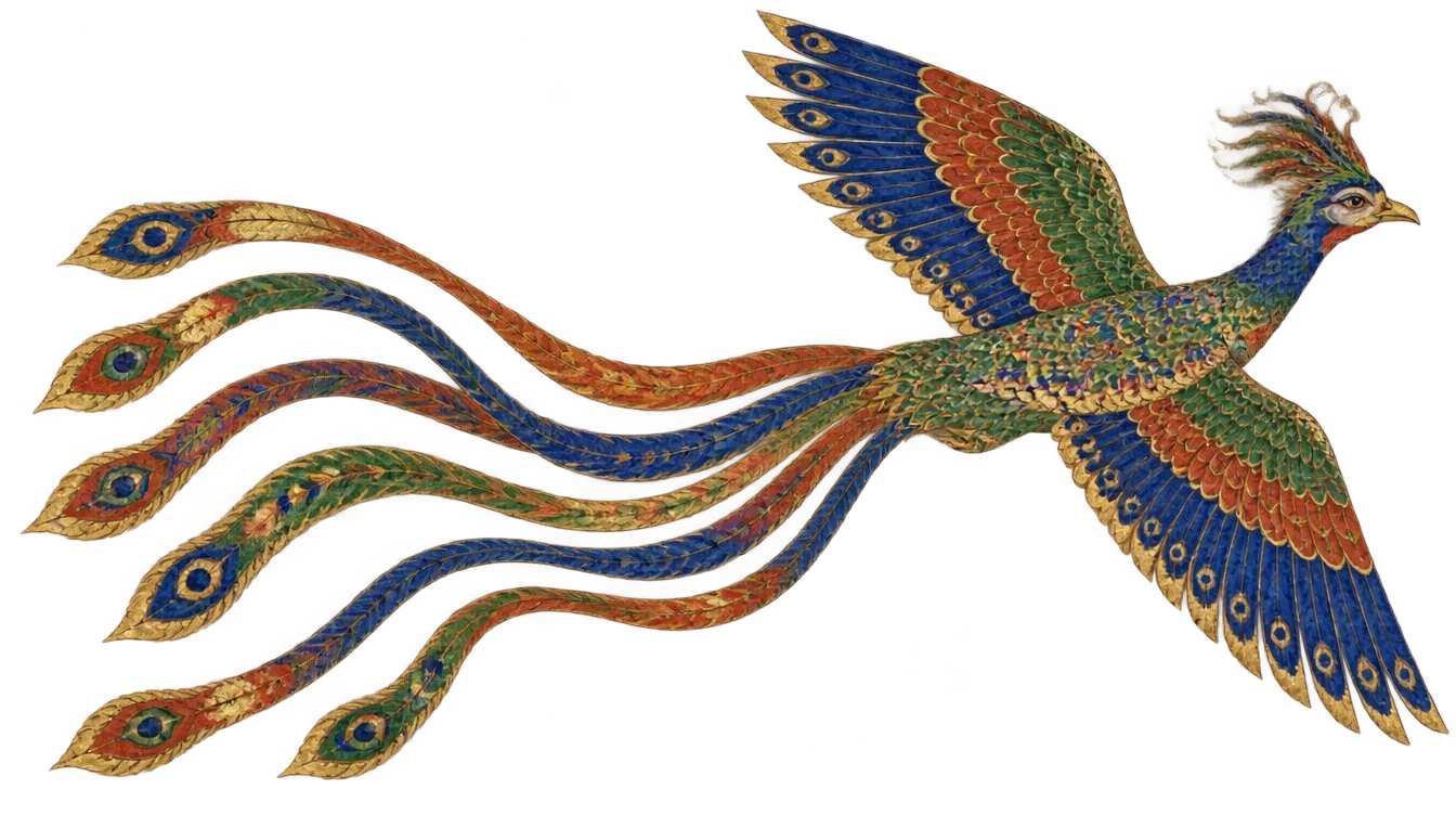 Seventail, burung agung bertujuh ekor pita lapis, vermilion, malachite, dan emas, melayang di depan tebing.