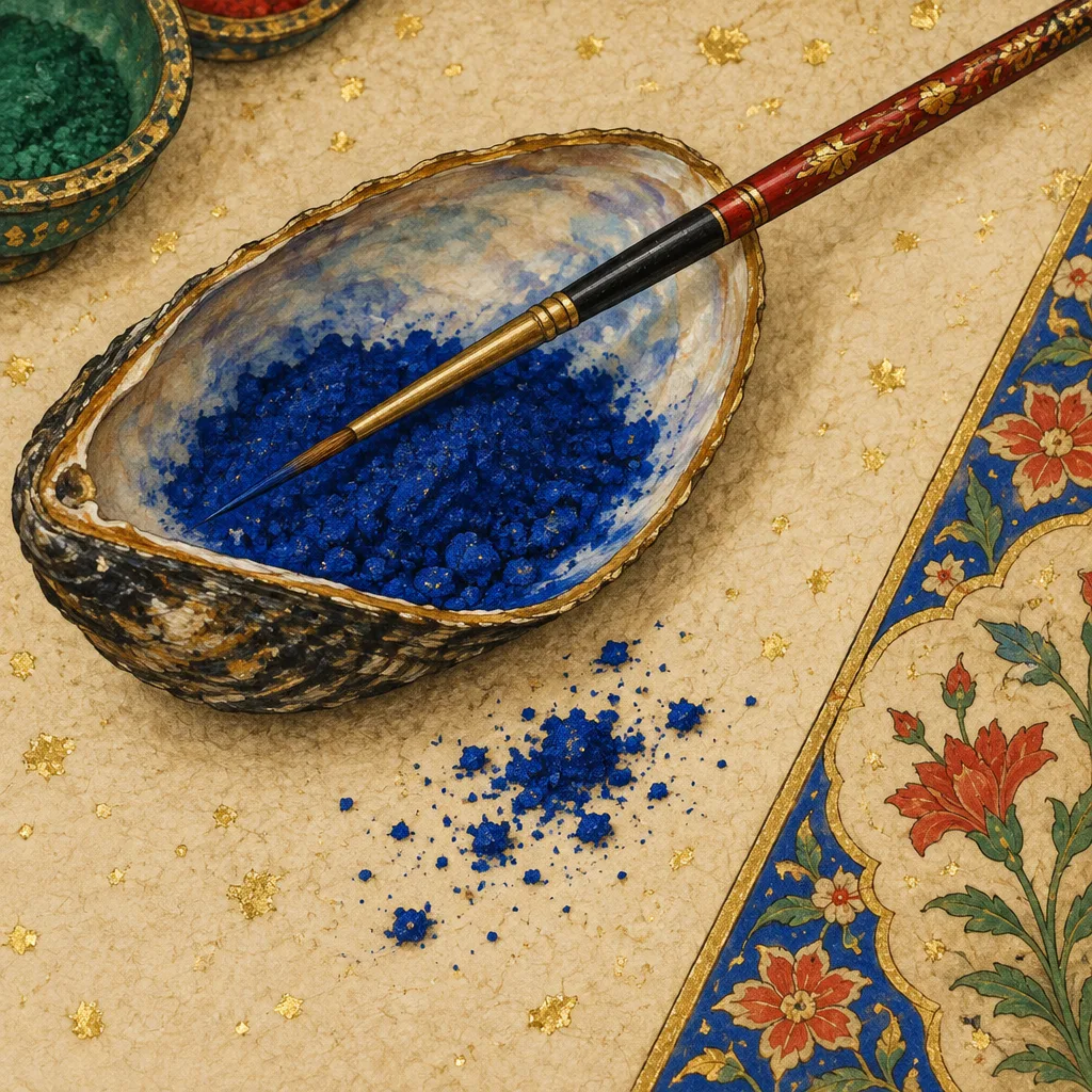 Mangkuk kerang berisi serbuk lapis biru dengan kuas bergagang pernis di atasnya.