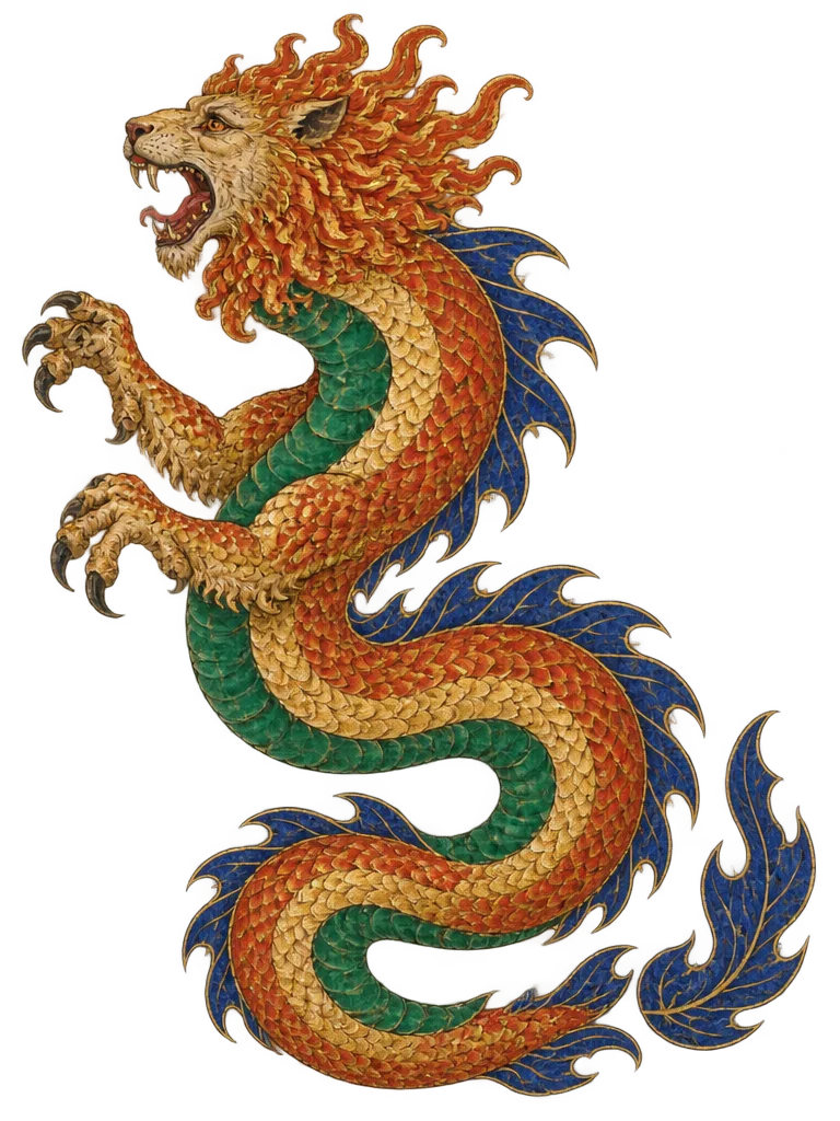 The Gilded Wyrm, makhluk berkepala singa dengan surai seperti api dan tubuh ular bersisik emas, vermilion, lapis, dan malachite.